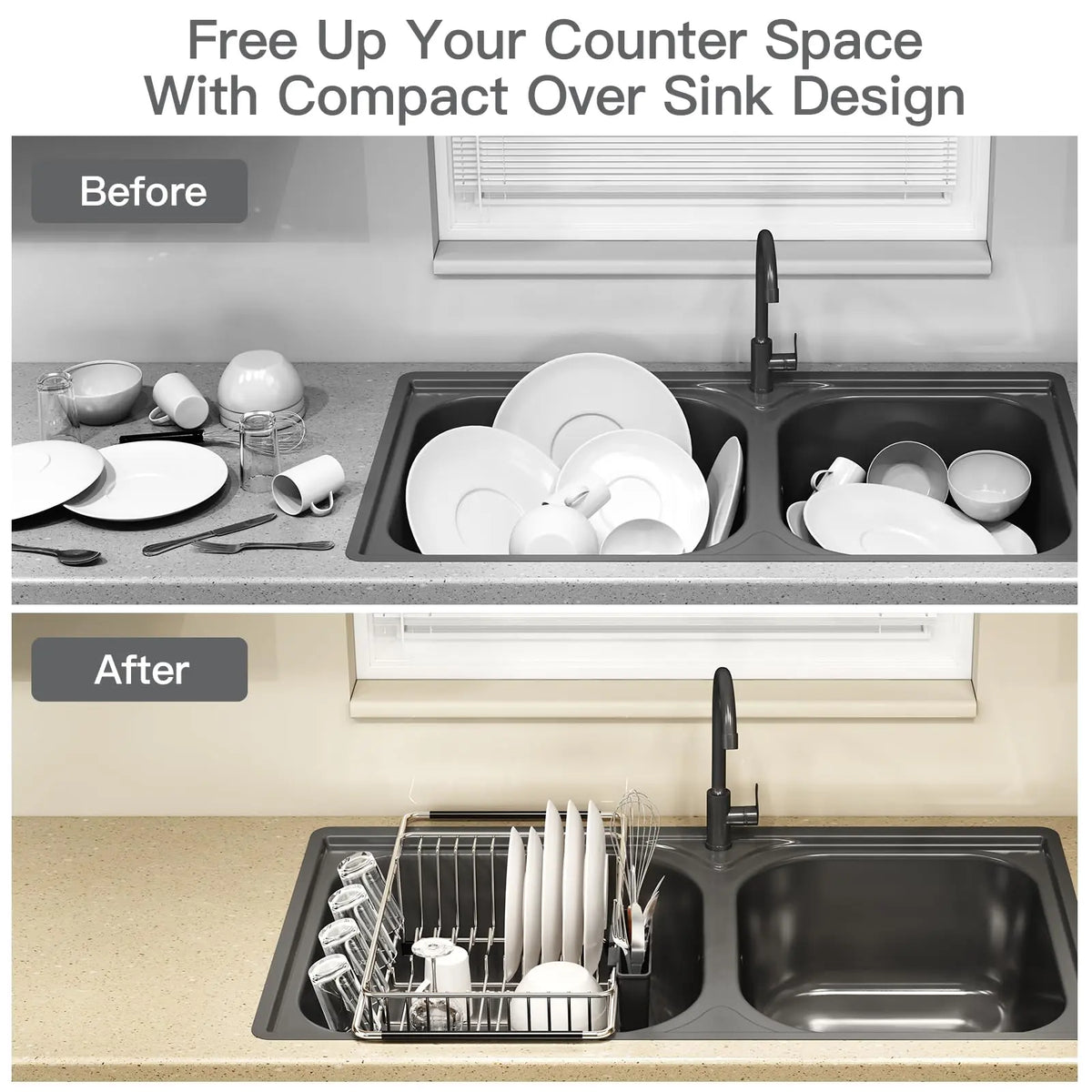 Expandable Stainless Steel Over Sink Dish Drying Rack with Utensil Holder, Rustproof Space-Saving Dish Drainer, Perfect for Small Kitchens, Apartments & RVs