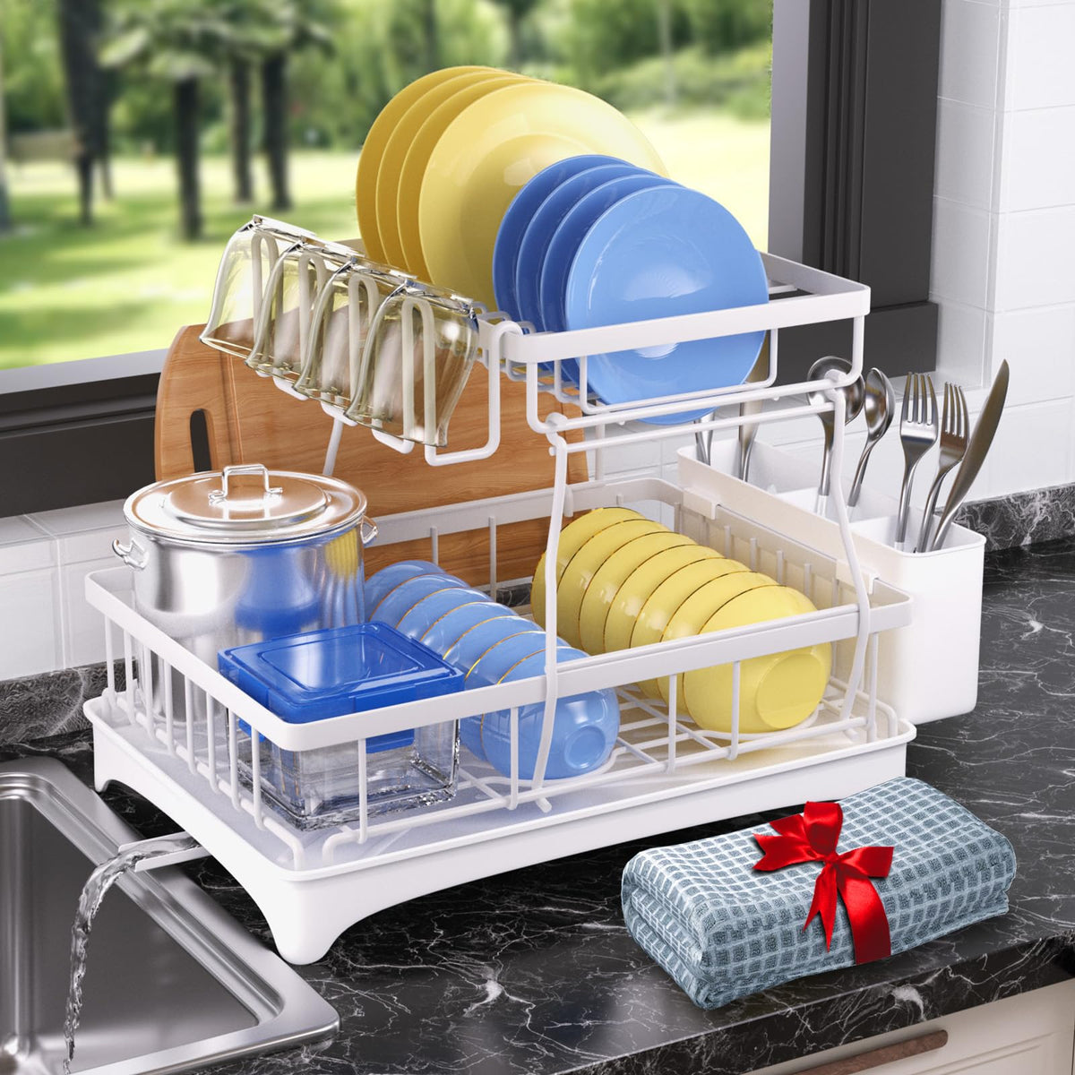 Godboat 2-Tier Dish Drying Rack - Dish Rack with Auto Drain-to-Sink & Mat