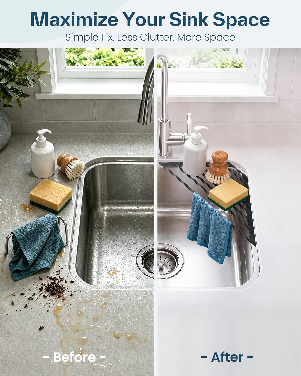 Ohuhu Corner Sink Caddy, Sponge Holder for Kitchen Sink Organizer - Silicone Wrapped Steel Anti Slip Rust Triangle Over the Sink Roll-UP Dish Drying Rack for Sink Corner Kitchen Sink Accessories