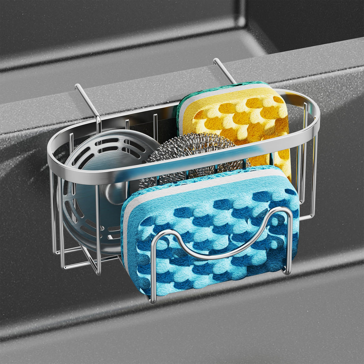 HapiRm Multifunctional Sponge Holder with Unique M-Shaped, 2 Installation Methods Kitchen Sink Caddy Organizer, Rustproof Stainless Steel Kitchen Organizers and Storage Essentials - Black