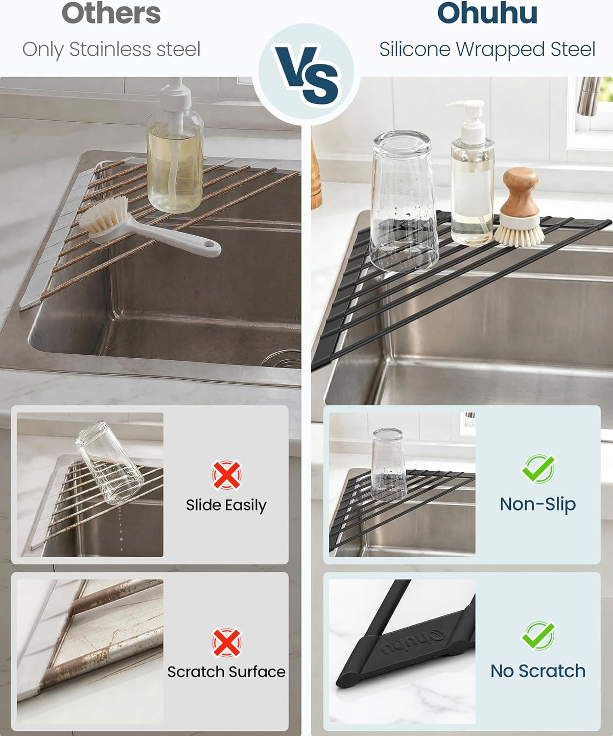 Ohuhu Corner Sink Caddy, Sponge Holder for Kitchen Sink Organizer - Silicone Wrapped Steel Anti Slip Rust Triangle Over the Sink Roll-UP Dish Drying Rack for Sink Corner Kitchen Sink Accessories