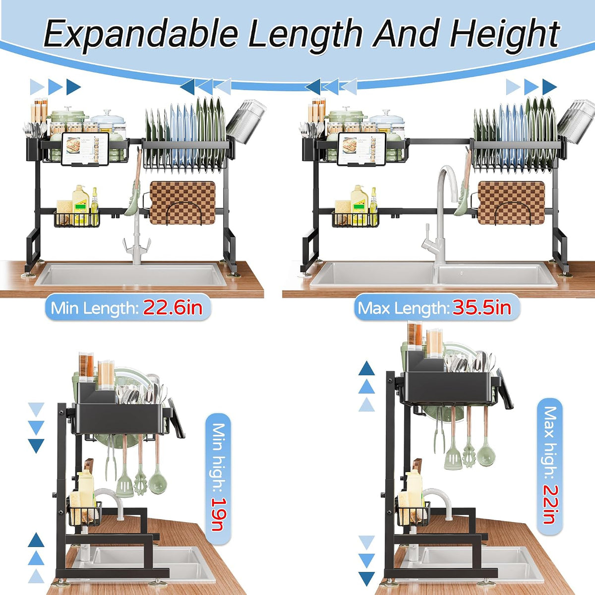 ADBIU Over The Sink Dish Drying Rack (Expandable Height and Length) Snap-On Design 2 Tier Large Dish Rack