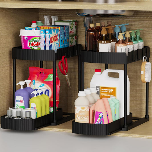2 Packs Under Sink Pull-Out Storage Organizers, 12.8 Inches, Black
