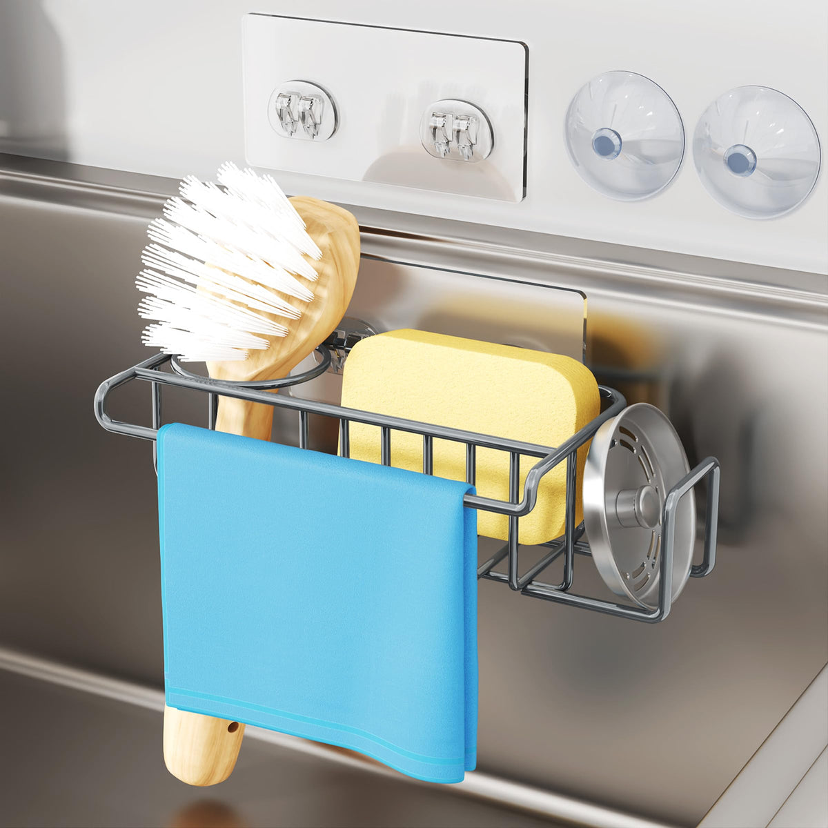 HapiRm 4 in 1 Sink Caddy Sponge Holder, SUS304 Stainless Steel Kitchen Brush Holder and Dish Cloth Hanger, Kitchen Organizers and Storage Essentials - Silver