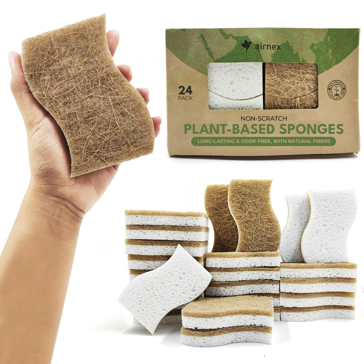 AIRNEX Natural Kitchen Sponges (12 Pack) - Biodegradable Cellulose & Coconut Scrubber Dish Sponges for Kitchen - Eco-Friendly, Non Scratch, Compostable, Non Toxic S-Shaped Natural Sponges for Dishes