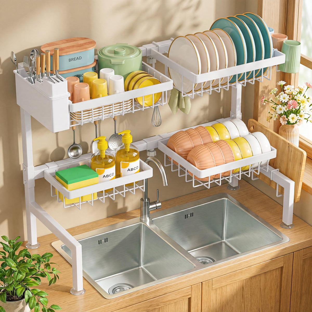 SNSLXH 4 Baskets 2-Tier Over The Sink Dish Drying Rack, 26.57"-35"