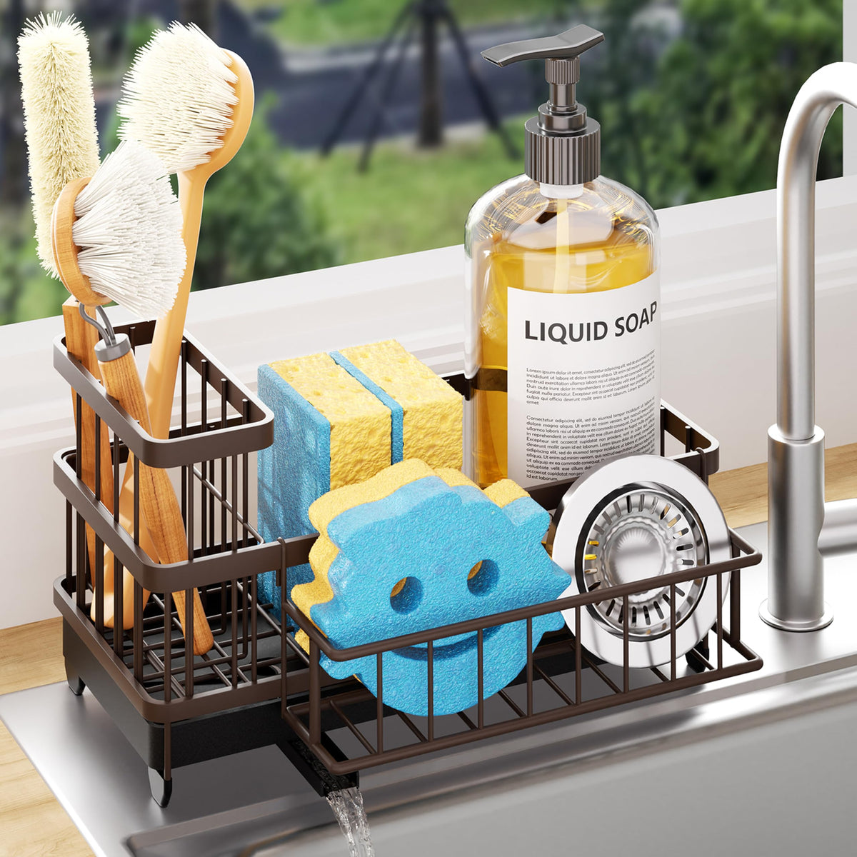 Consumest Sponge Holder for Kitchen Sink - Auto Draining Sink Caddy Organizer with Detachable Rack, High Brush Holder, Kitchen Countertop Storage Accessories, Black