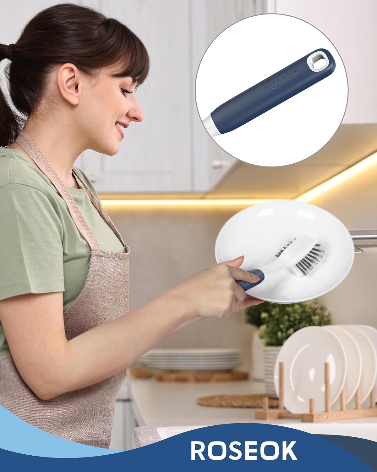 ROSEOK Dish Brush, Dish Scrubber, Nylon Bristles with Built-in Scraper