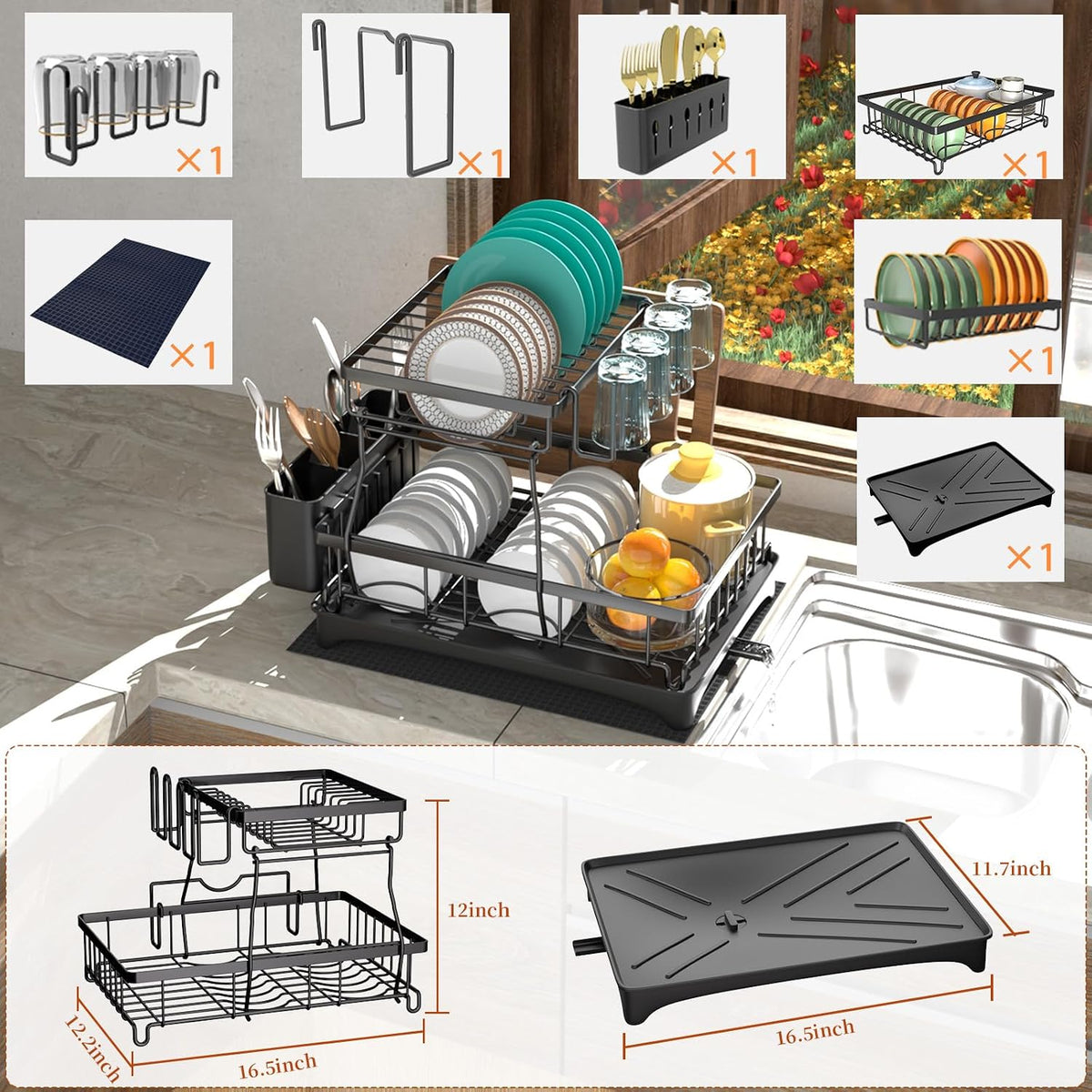 Godboat 2-Tier Dish Drying Rack - Dish Rack with Auto Drain-to-Sink & Mat