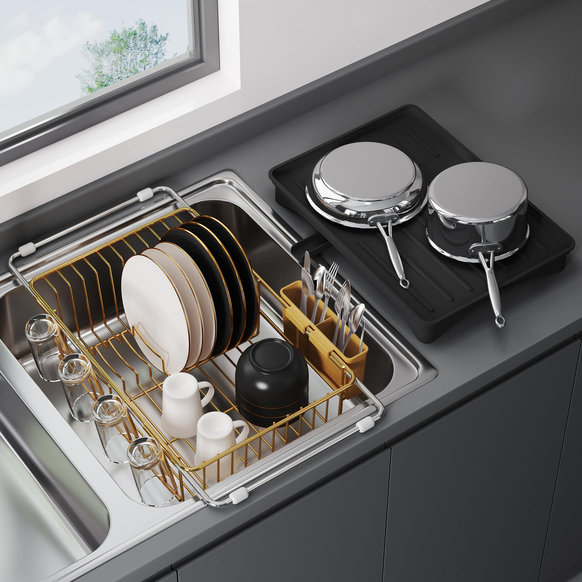 JASIWAY Dish Drying Rack in Sink, Dish Drainer with Cup and Utensil Holder