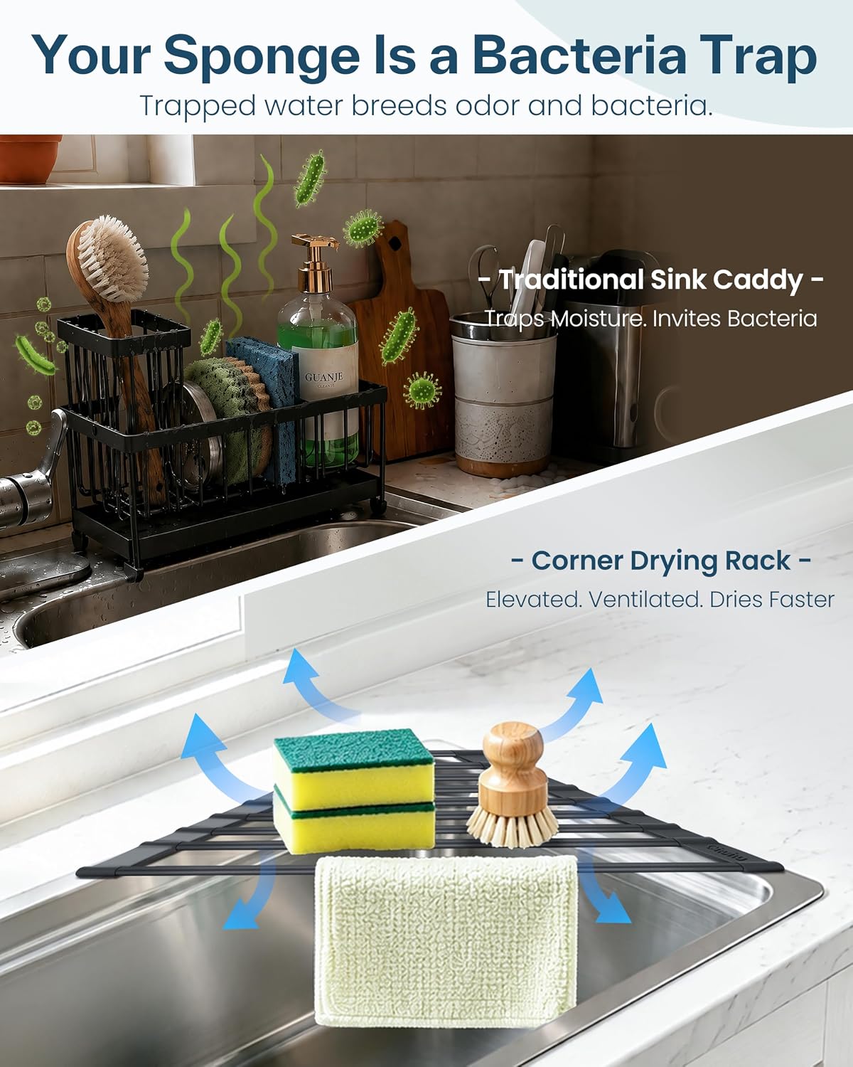 Ohuhu Corner Sink Caddy, Sponge Holder for Kitchen Sink Organizer - Silicone Wrapped Steel Anti Slip Rust Triangle Over the Sink Roll-UP Dish Drying Rack for Sink Corner Kitchen Sink Accessories