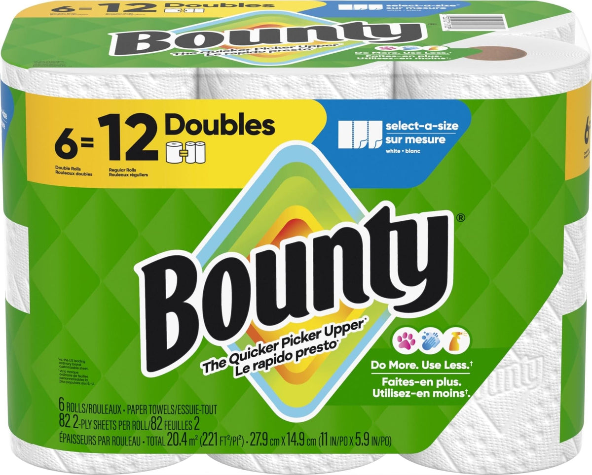 Bounty Paper Towels Select-A-Size, White, 2 Double Plus Rolls = 5 Regular Rolls