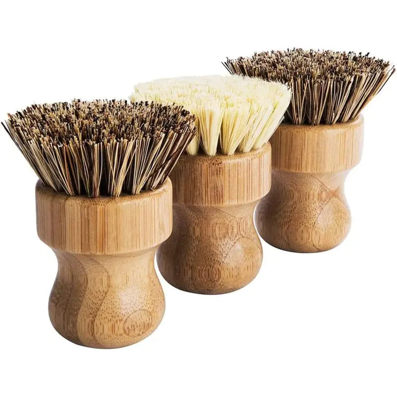 Palm Pot Brush- Bamboo Round 3 Packs Mini Dish Brush Natural Scrub Brush Durable Scrubber Kitchen Cleaning Kit with Union Fiber and Tampico Fiber for Cleaning Pots, Pans and Vegetables