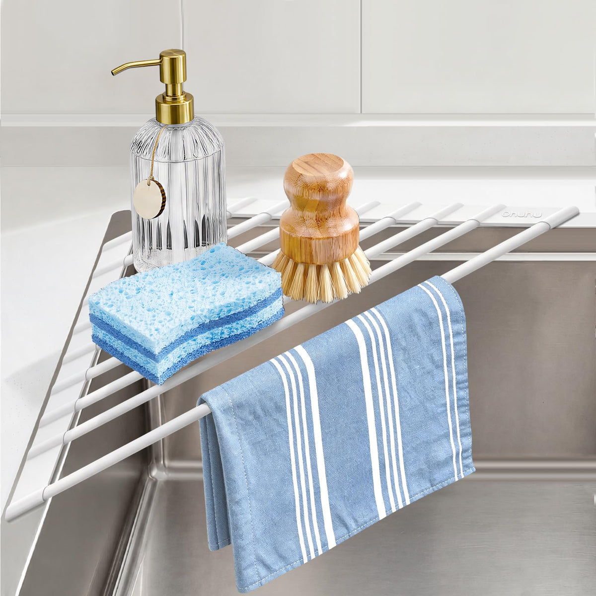 Ohuhu Corner Sink Caddy, Sponge Holder for Kitchen Sink Organizer - Silicone Wrapped Steel Anti Slip Rust Triangle Over the Sink Roll-UP Dish Drying Rack for Sink Corner Kitchen Sink Accessories