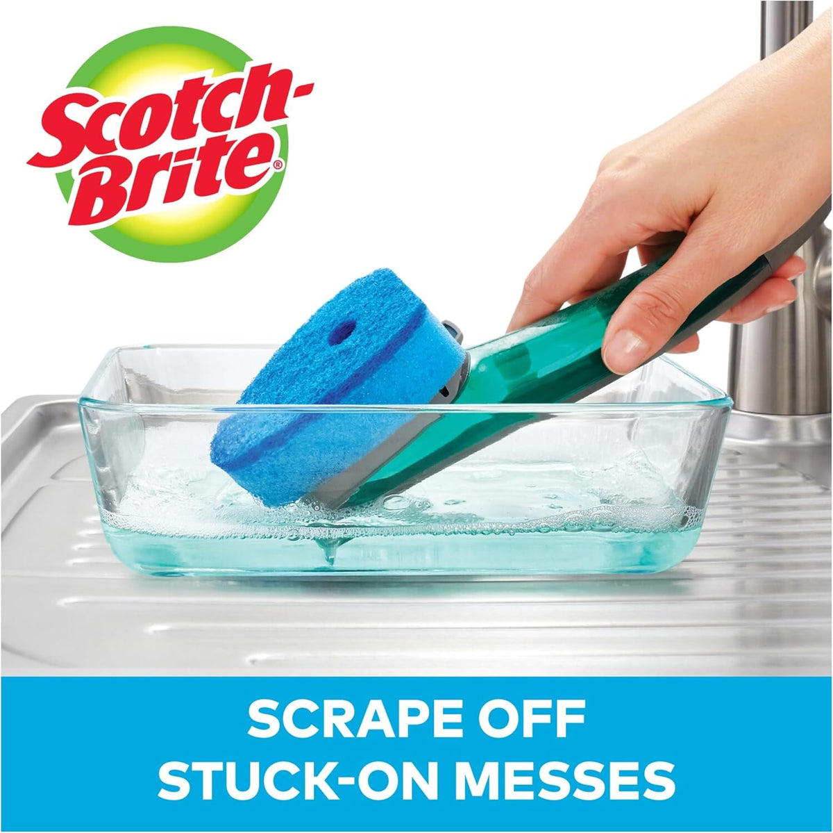 Scotch-Brite Advanced Soap Control Non-Scratch Dishwand Kit, 1 Dish Wand & 5 Sponge Refills, Prevents Soap from Leaking, Leak-Free Guarantee, Best for Nonstick Pots and Pans, Glass, Tubs, & Showers