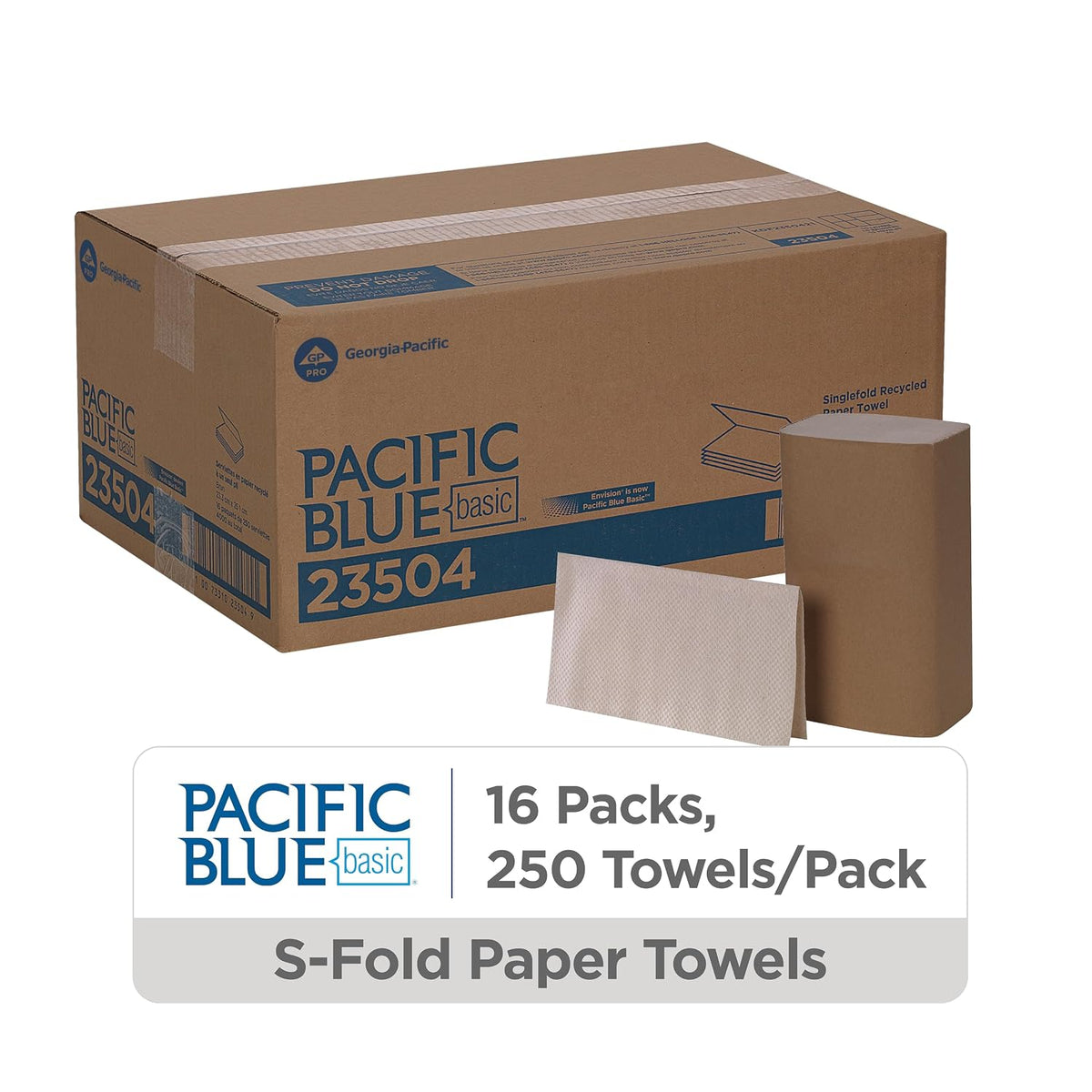 Pacific Blue Basic S-Fold Recycled Paper Towels by GP PRO (Georgia-Pacific), Brown, 23504, 250 Towels Per Pack, 16 Packs Per Case (4000 Total), 9.20" x 10.20
