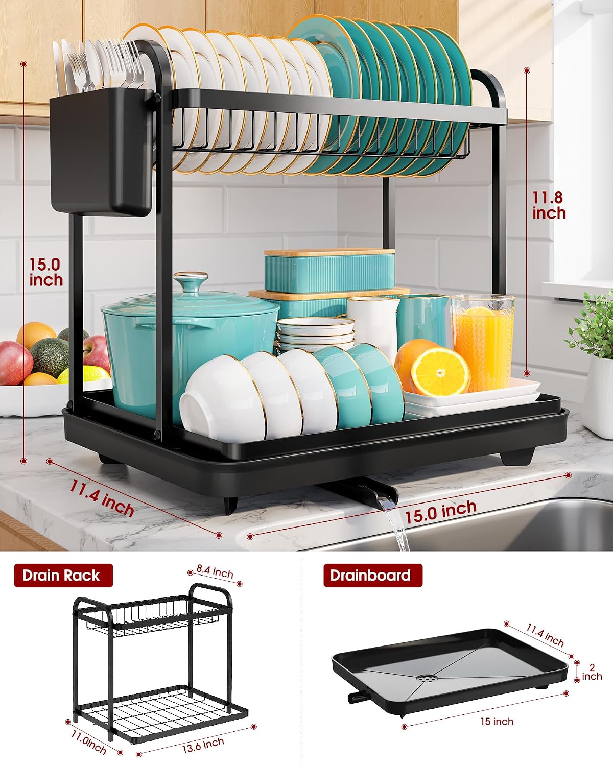 Sakugi 2-Tier Dish Drying Rack - Stainless Steel Dish Rack with Cutlery & Utensil Holders for Kitchen Counter, Sink Organization and Storage for Small Family, 15" W x 11.4" L x 15" H, Black