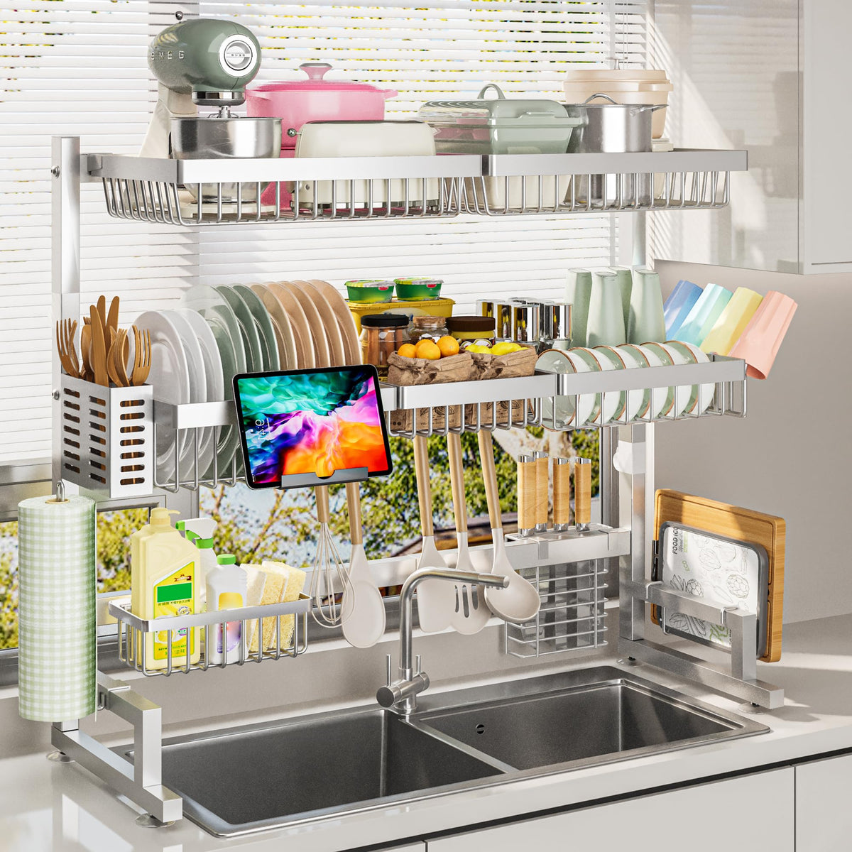 ADBIU Over The Sink Dish Drying Rack (Expandable Height and Length) Snap-On Design 2 Tier Large Dish Rack
