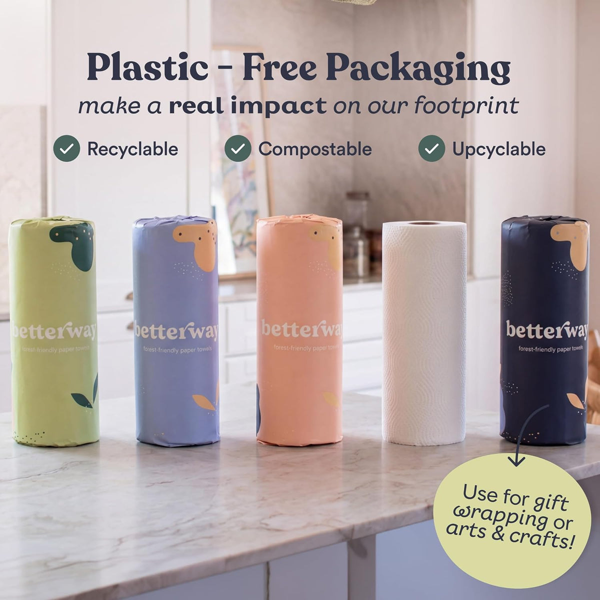 Betterway Bamboo Paper Towels - 6 Rolls, 2 Ply - Plastic Free, Disposable Kitchen Paper Towels - Select Size, Tree Free, Compostable, Strong & Absorbent, No Dyes - PFAS Free