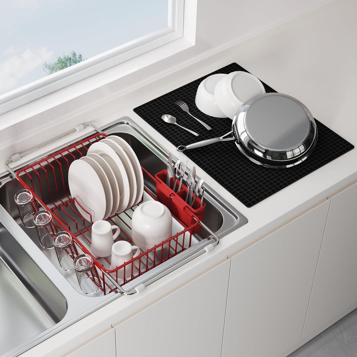 JASIWAY Dish Drying Rack in Sink, Dish Drainer with Cup and Utensil Holder