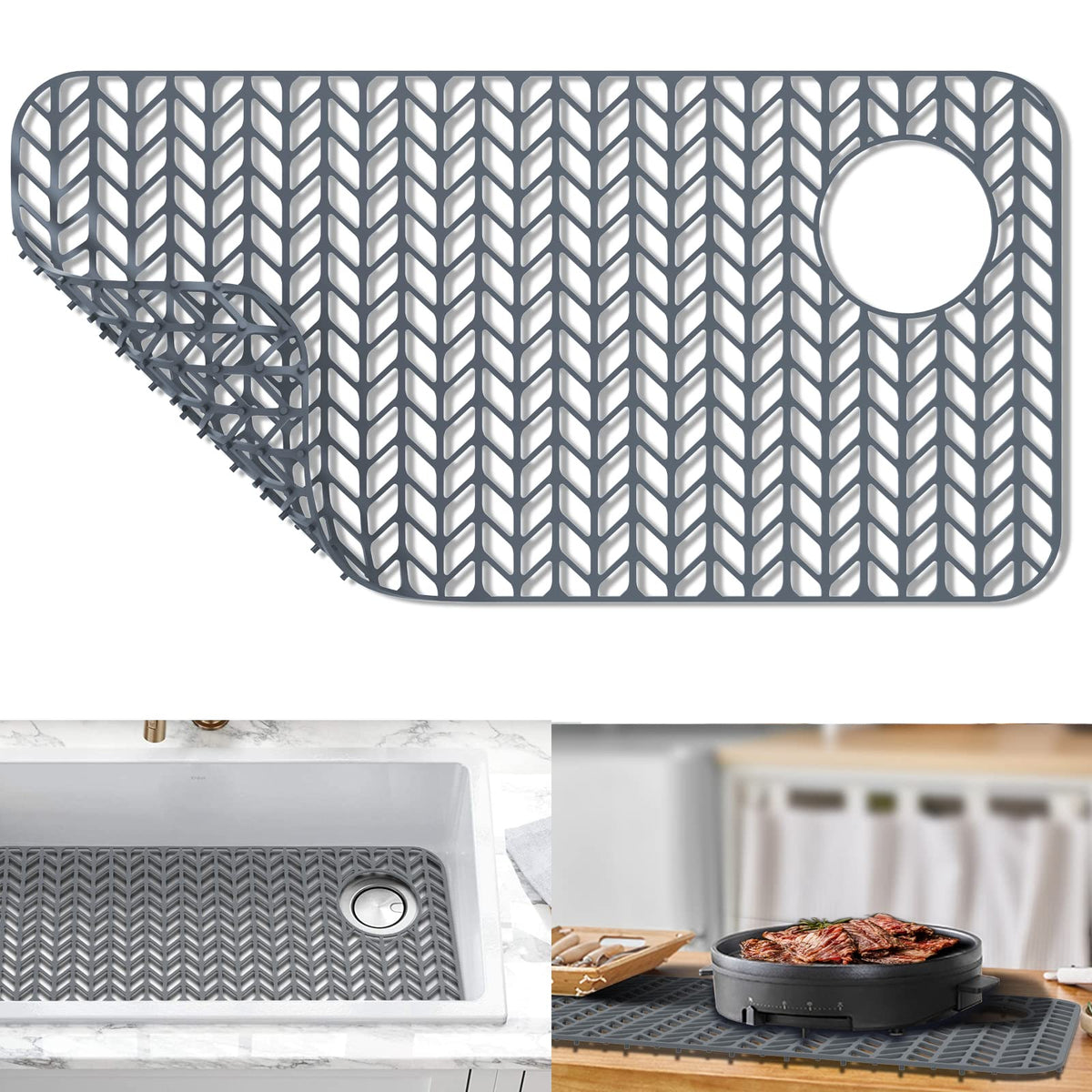 AWOKE Silicone Sink Protectors for Kitchen Sink, 12" x 11" Mat for bottom of sink, Center Drain Hole, Protect from Stains, Scratches, Dishwasher Safe Grid for Kitchen (2 Pack, Gray)