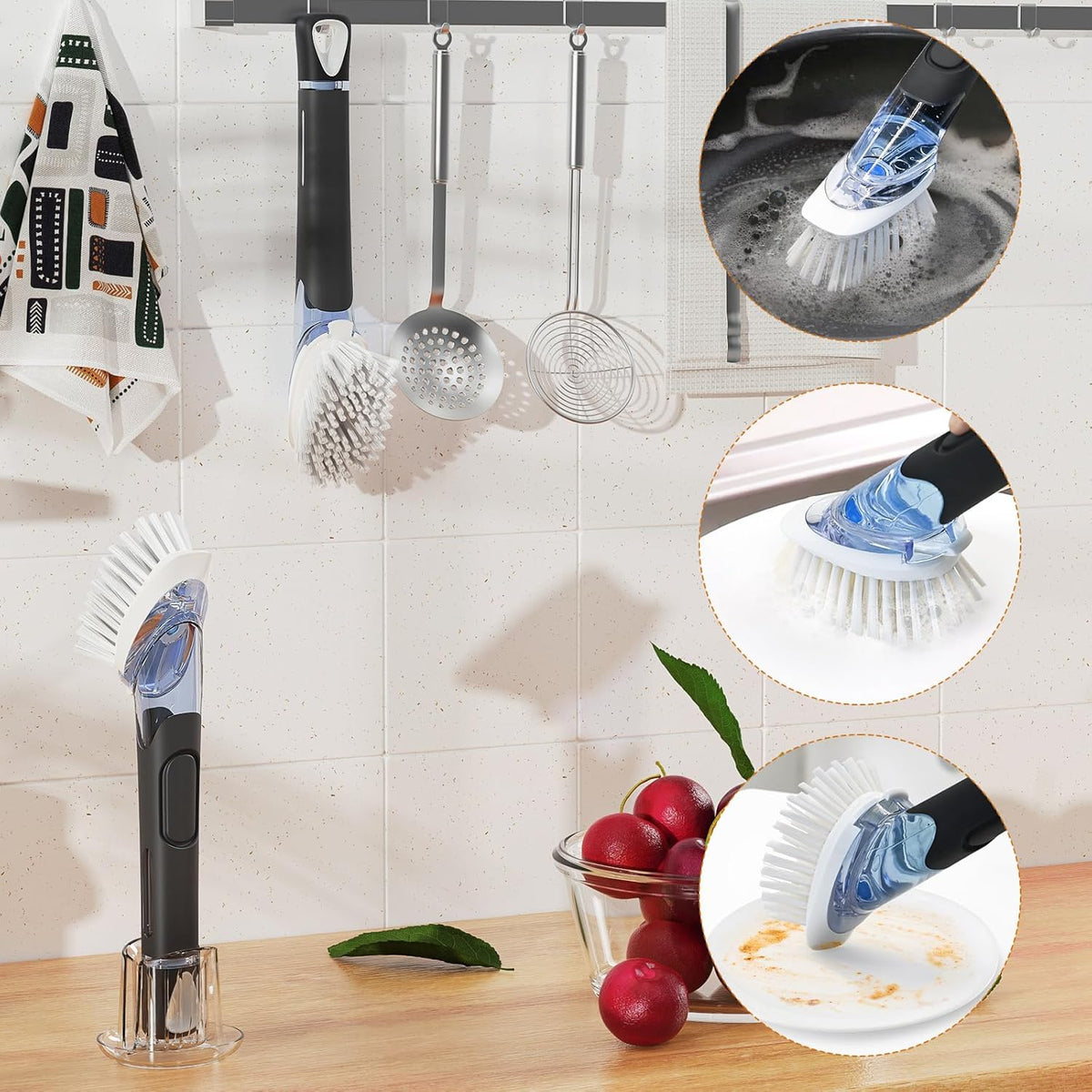 RIMAY Soap Dispensing Dish Brush Set with 2 Brush Refills and Holder