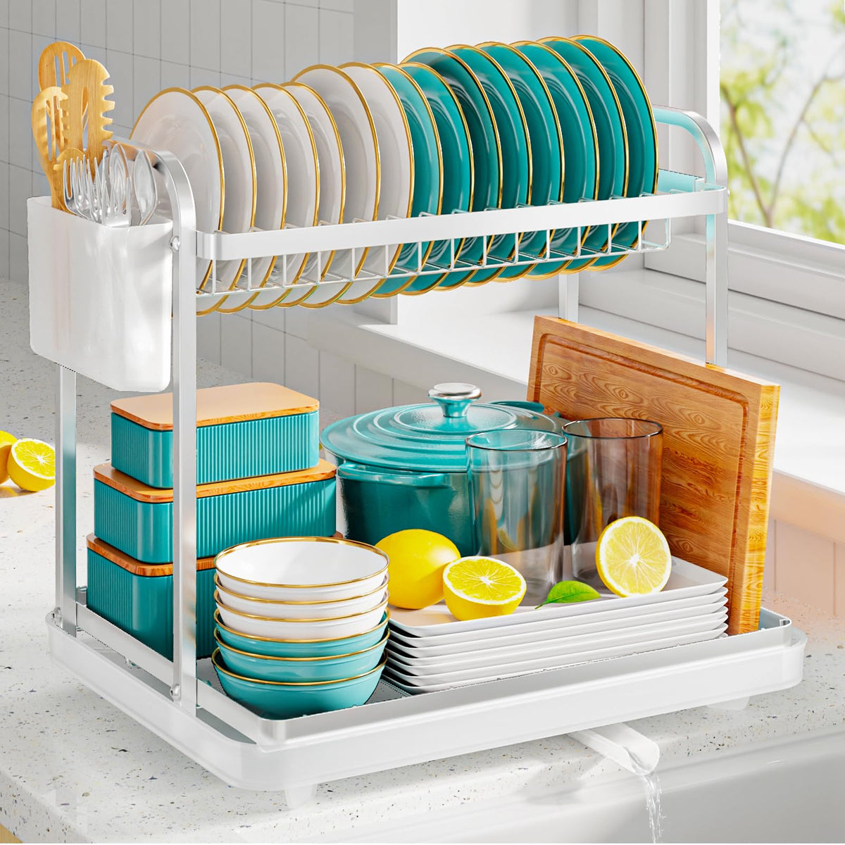 Sakugi 2-Tier Dish Drying Rack - Stainless Steel Dish Rack with Cutlery & Utensil Holders for Kitchen Counter, Sink Organization and Storage for Small Family, 15" W x 11.4" L x 15" H, Black