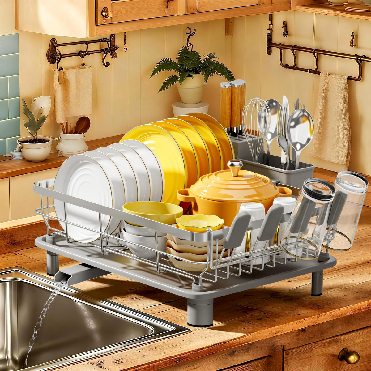 MOUKABAL Dish Drying Rack with Drainboard for Kitchen Counter, Black