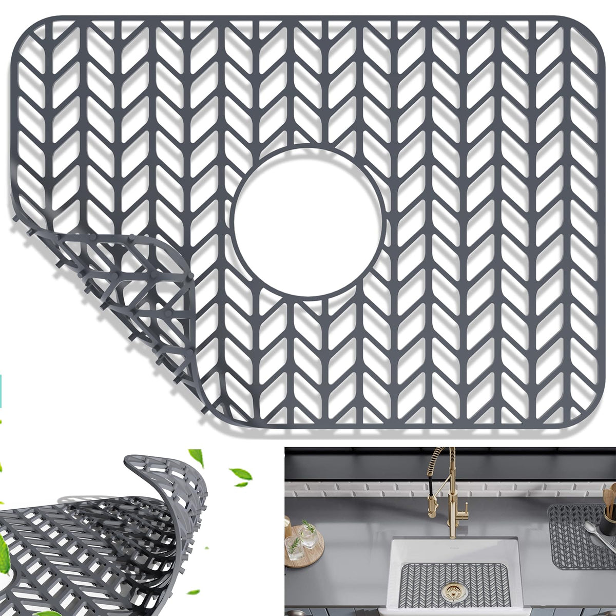 AWOKE Silicone Sink Protectors for Kitchen Sink, 12" x 11" Mat for bottom of sink, Center Drain Hole, Protect from Stains, Scratches, Dishwasher Safe Grid for Kitchen (2 Pack, Gray)