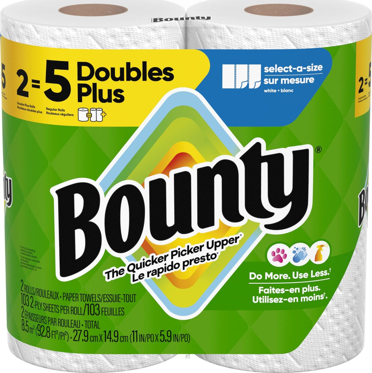 Bounty Paper Towels Select-A-Size, White, 2 Double Plus Rolls = 5 Regular Rolls