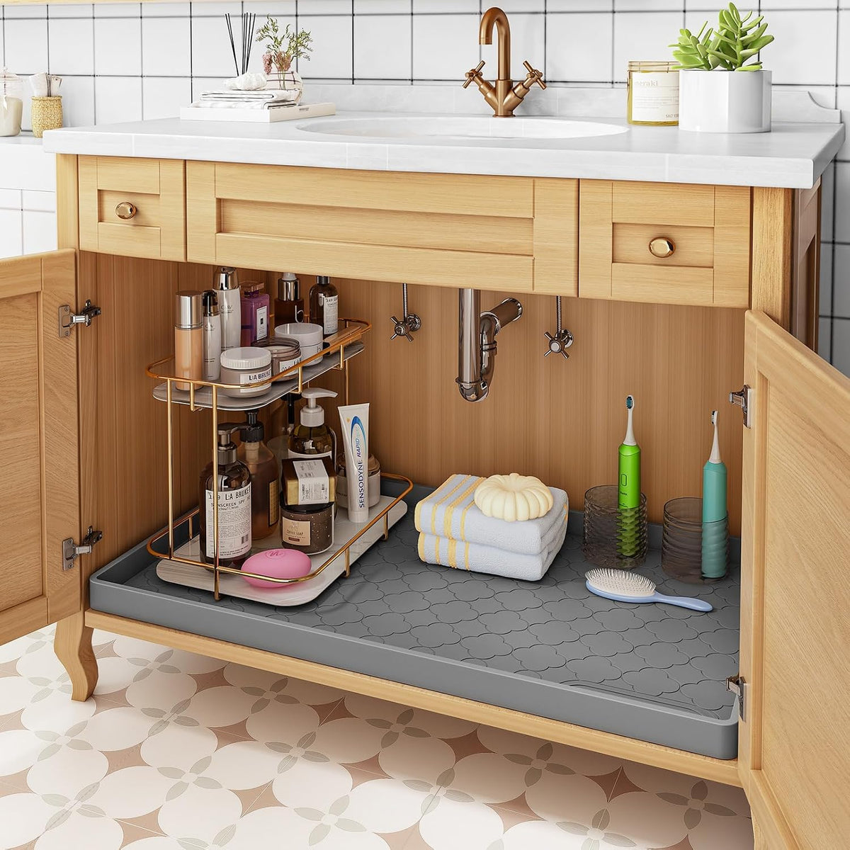 Jin&Bao Under Sink Mat 34" x 22" Waterproof Silicone Cabinet Kitchen Liner