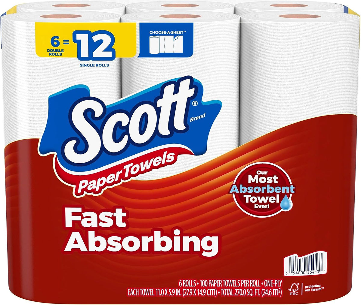 Scott Choose-A-Sheet Double Roll Paper Towels, 1-ply, 102 Sheets/Roll, 6 Rolls/Pack
