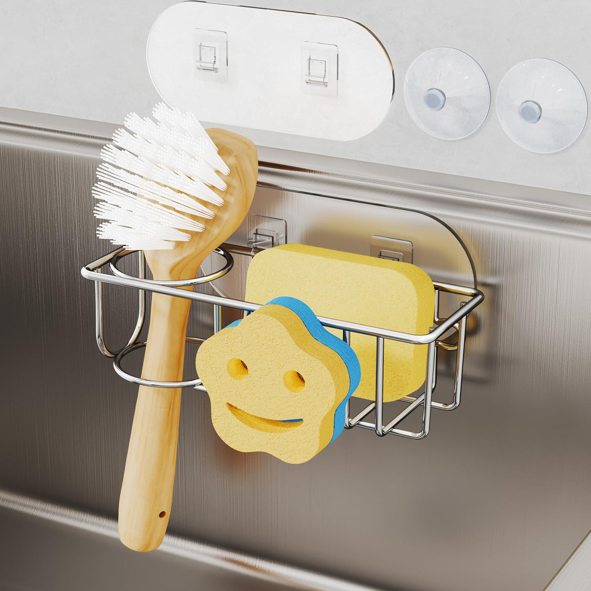 HapiRm 4 in 1 Sink Caddy Sponge Holder, SUS304 Stainless Steel Kitchen Brush Holder and Dish Cloth Hanger, Kitchen Organizers and Storage Essentials - Silver