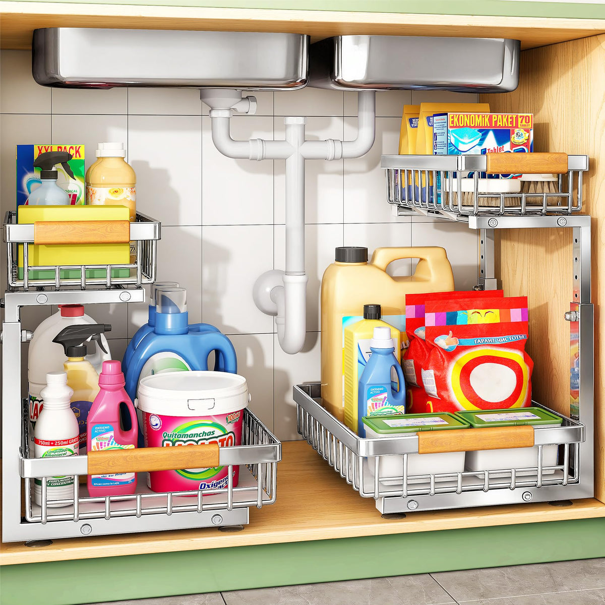 Kitstorack Under Sink Organizer, 2 Tier Under the Sink Storage, Slide out Pull out Cabinet Organizer Shelf, Metal Sliding Drawer for Kitchen Bathroom Pantry Closet Organization Rack, Black, 2 Pack