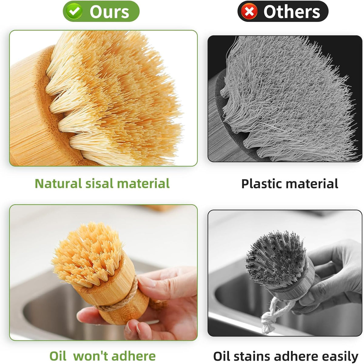 SUBEKYU Bamboo Dish Scrub Brush,Produce Brush,3 Pack with Ceramic Holder
