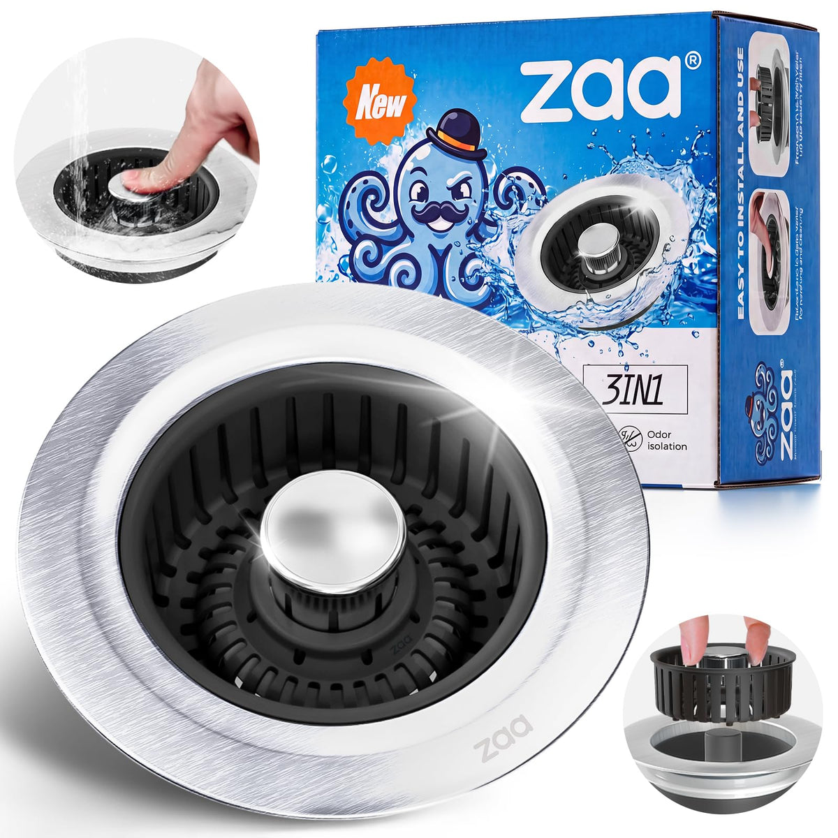 zaa 3 in 1 Kitchen Sink Drain Strainer Stopper Removable Basket Pop-Up