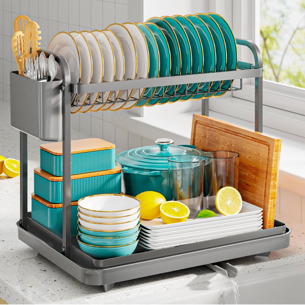 Sakugi 2-Tier Dish Drying Rack - Stainless Steel Dish Rack with Cutlery & Utensil Holders for Kitchen Counter, Sink Organization and Storage for Small Family, 15" W x 11.4" L x 15" H, Black