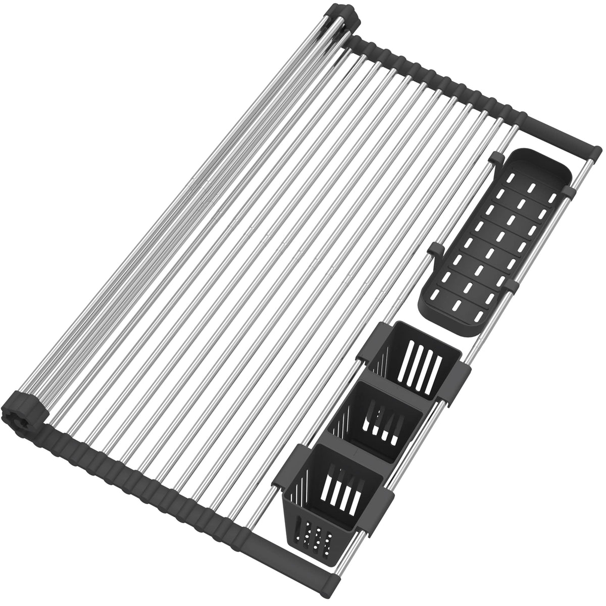 BBXTYLY Expandable Roll Up Dish Drying Rack Up to 22.8''with 2 Storage Baskets,Over The Sink Kitchen Rolling up Dish Drainer Drying Rack, Foldable,Rollable,for Kitchen Dishes(Expandable Width Size)