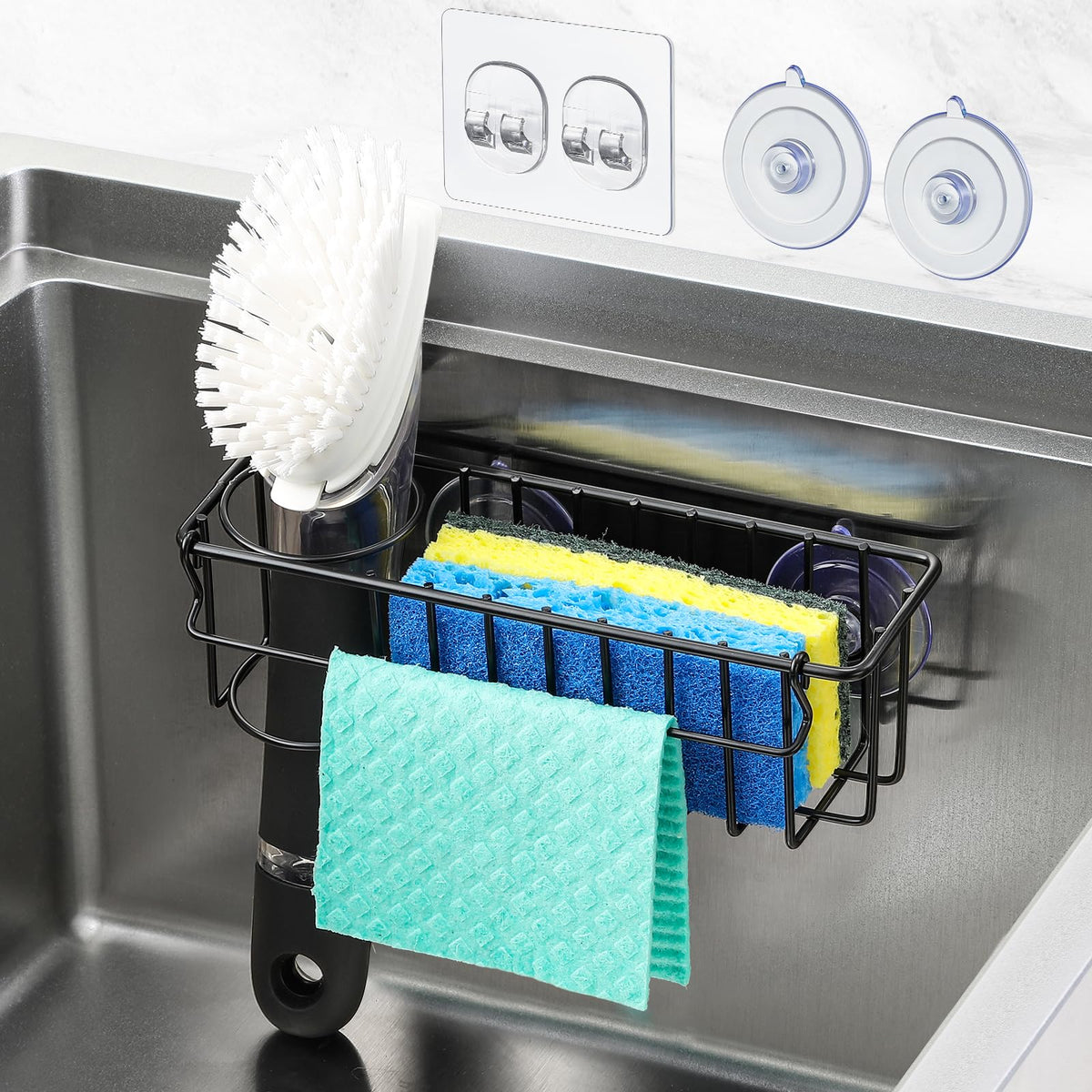 3-In-1 Sponge Holder for Kitchen Sink with Suction Cups & Adhesive Hook , In-sink Sponge Holder, Wall Hanging Sink Caddy Organizer Rack - Sponge, Dish Cloth, Brush, Scrubber - 304 Stainless Steel