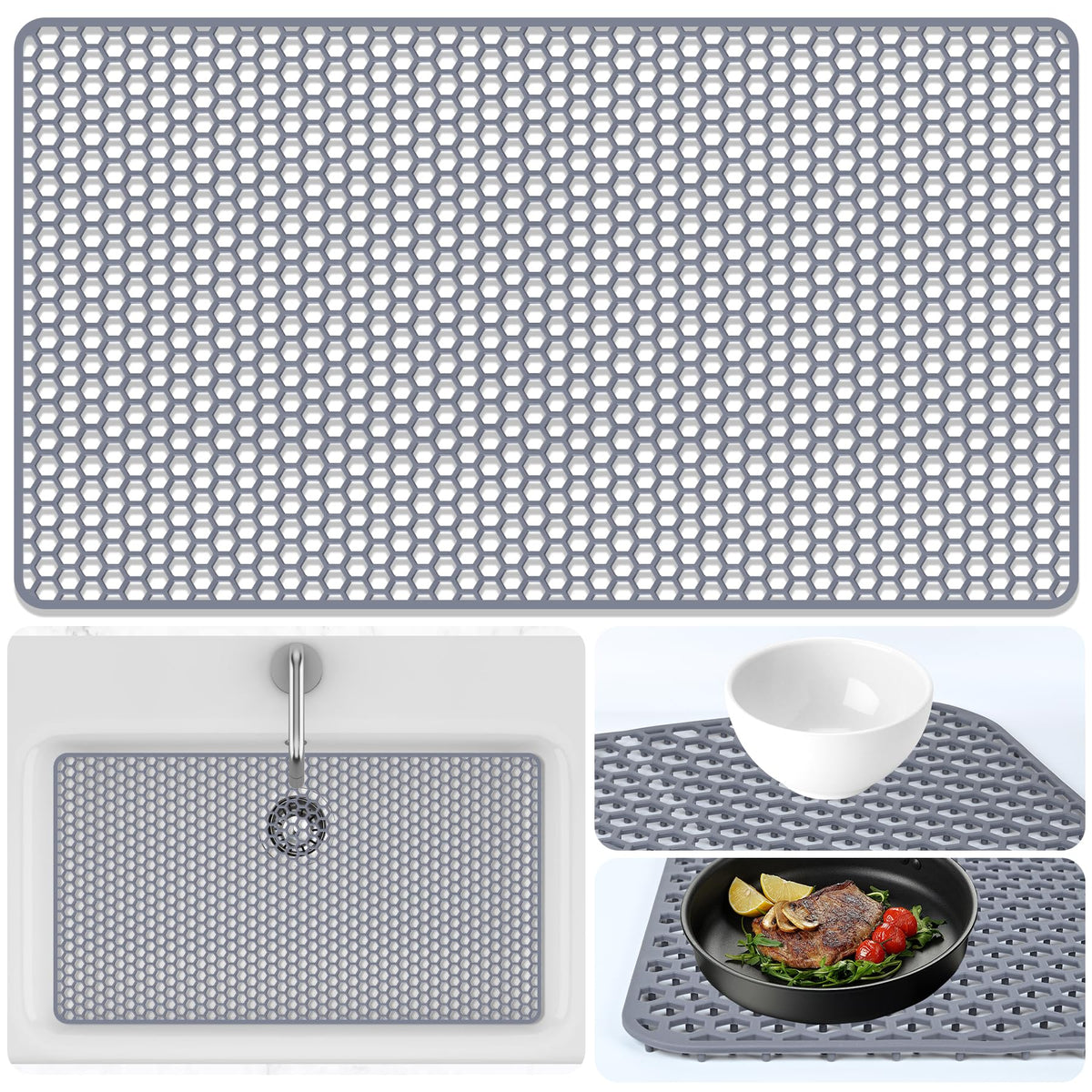 Sink Protectors Mat - 25.79"x13.98" Kitchen Sink Pad for Bottom of Basin for Protection of Stainless Steel and Tableware, Farmhouse Rubber Basin Mat Protector with Center Drain - Light Gray