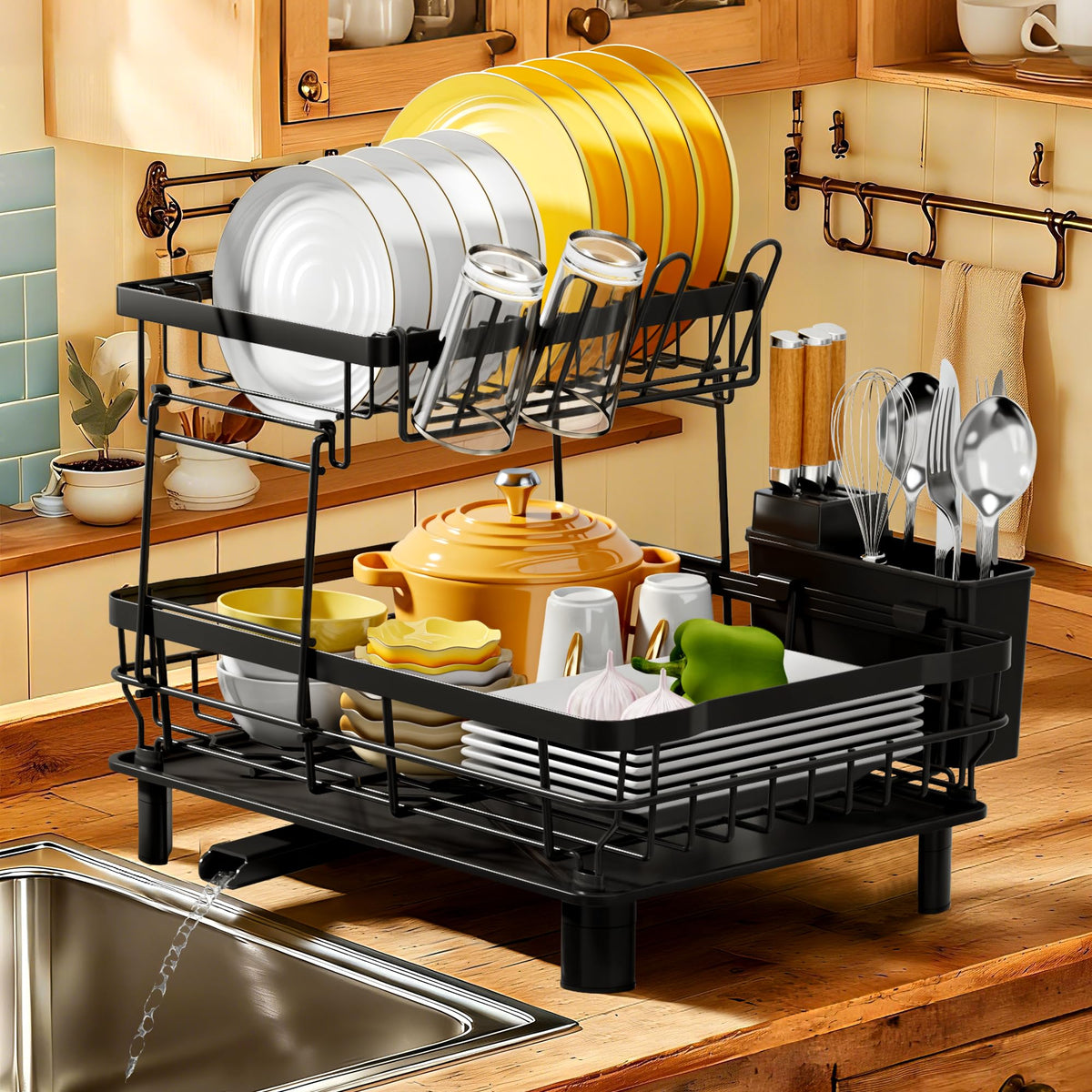 MOUKABAL Dish Drying Rack with Drainboard for Kitchen Counter, Black