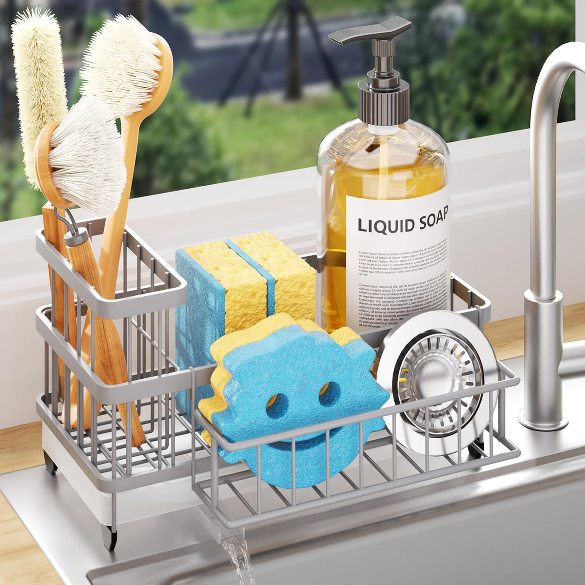 Consumest Sponge Holder for Kitchen Sink - Auto Draining Sink Caddy Organizer with Detachable Rack, High Brush Holder, Kitchen Countertop Storage Accessories, Black