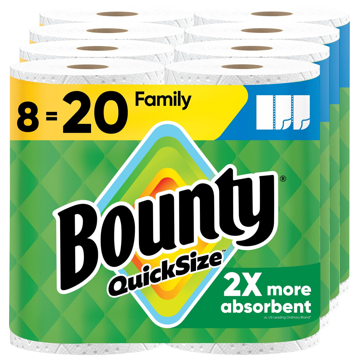Bounty Paper Towels Quick Size, White, 2 Family Triple Rolls = 6+ Regular Rolls