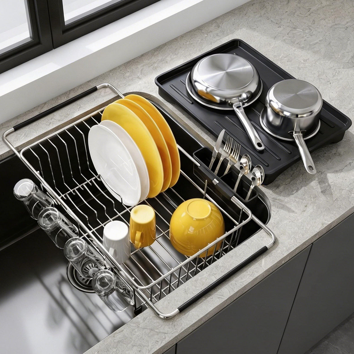 JASIWAY Dish Drying Rack in Sink, Dish Drainer with Cup and Utensil Holder