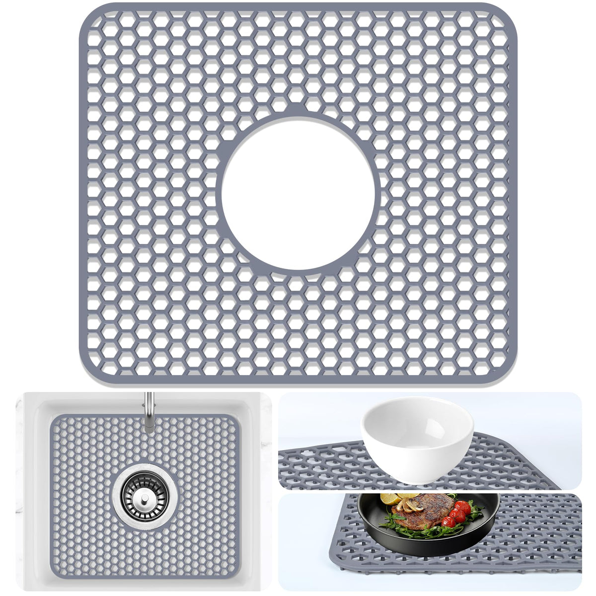 Sink Protectors Mat - 25.79"x13.98" Kitchen Sink Pad for Bottom of Basin for Protection of Stainless Steel and Tableware, Farmhouse Rubber Basin Mat Protector with Center Drain - Light Gray