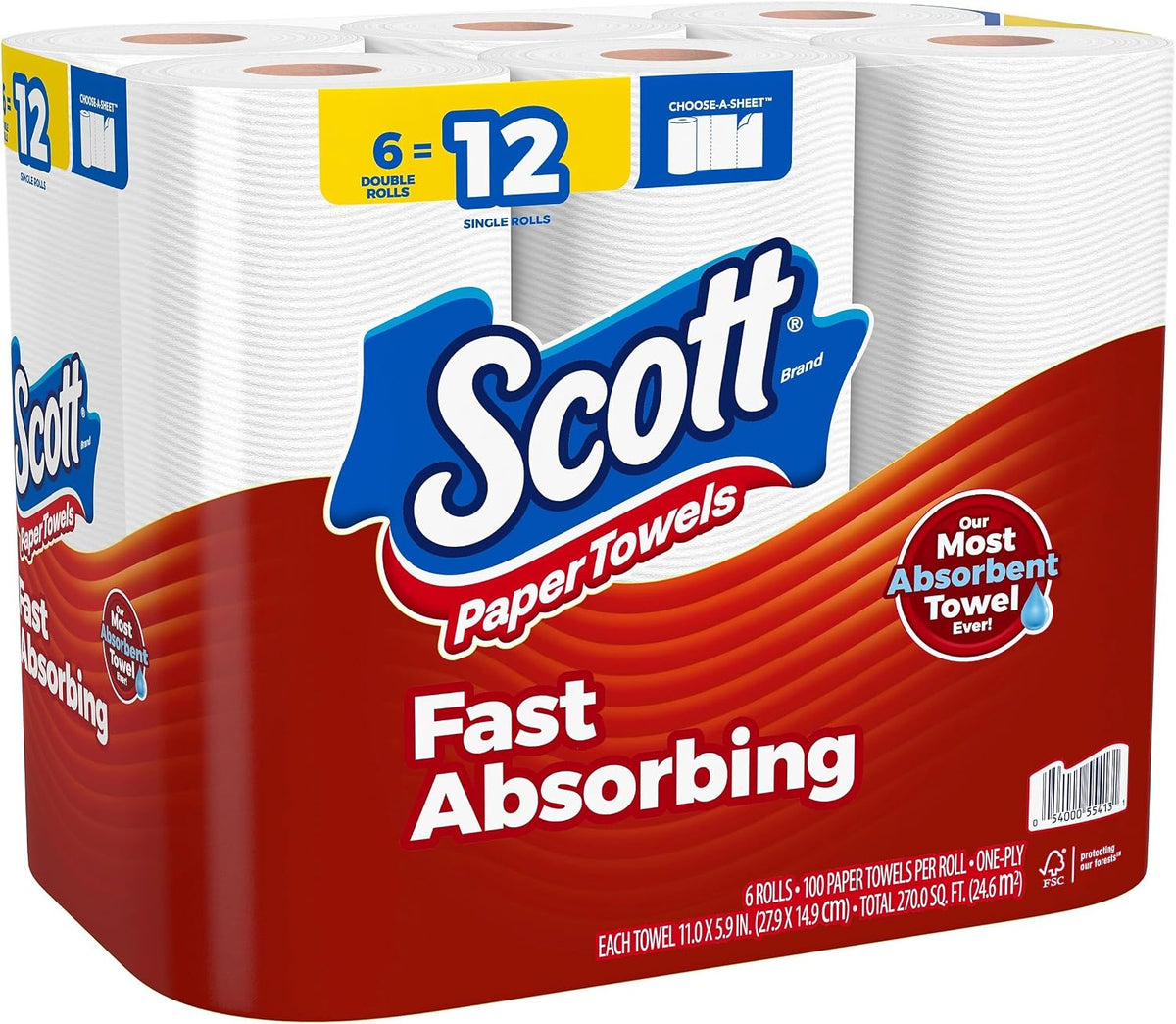 Scott Choose-A-Sheet Double Roll Paper Towels, 1-ply, 102 Sheets/Roll, 6 Rolls/Pack