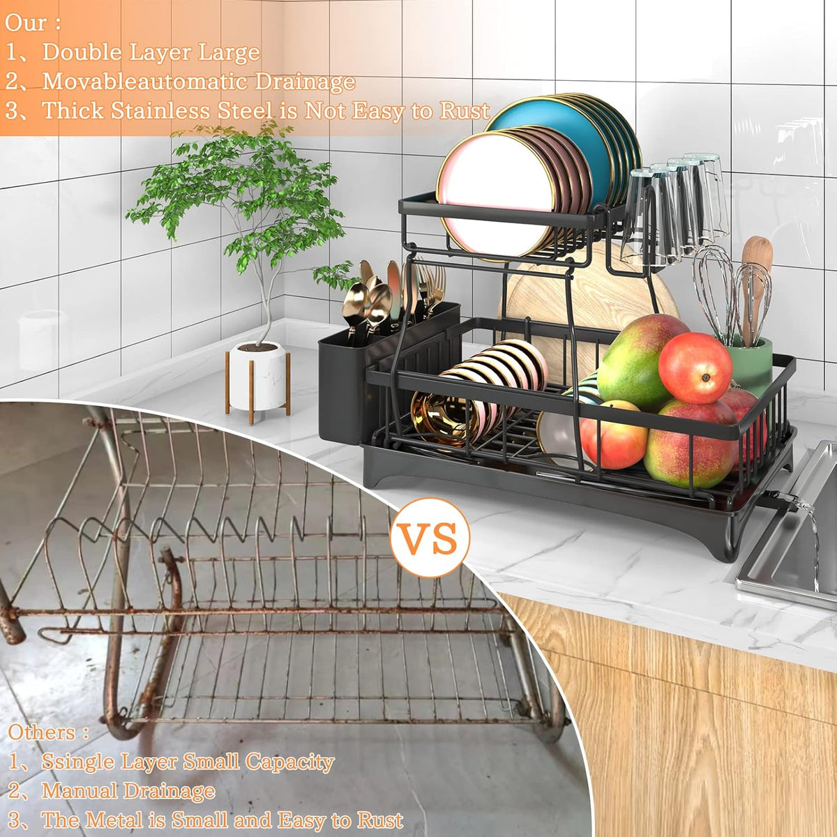 Godboat 2-Tier Dish Drying Rack - Dish Rack with Auto Drain-to-Sink & Mat