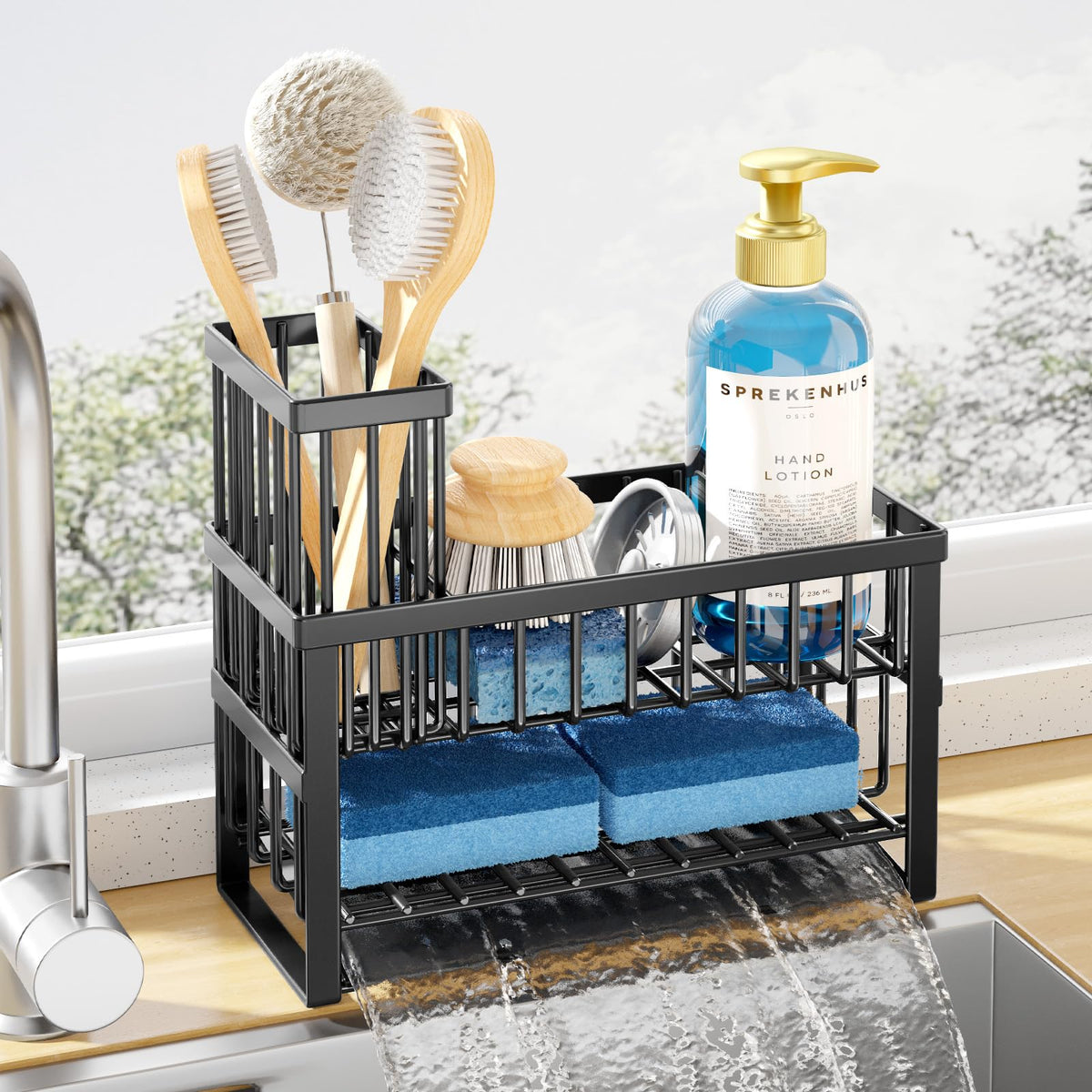 Kitsure Sponge Holder for Kitchen Sink, 7.9"x3.7"x6.2", Black