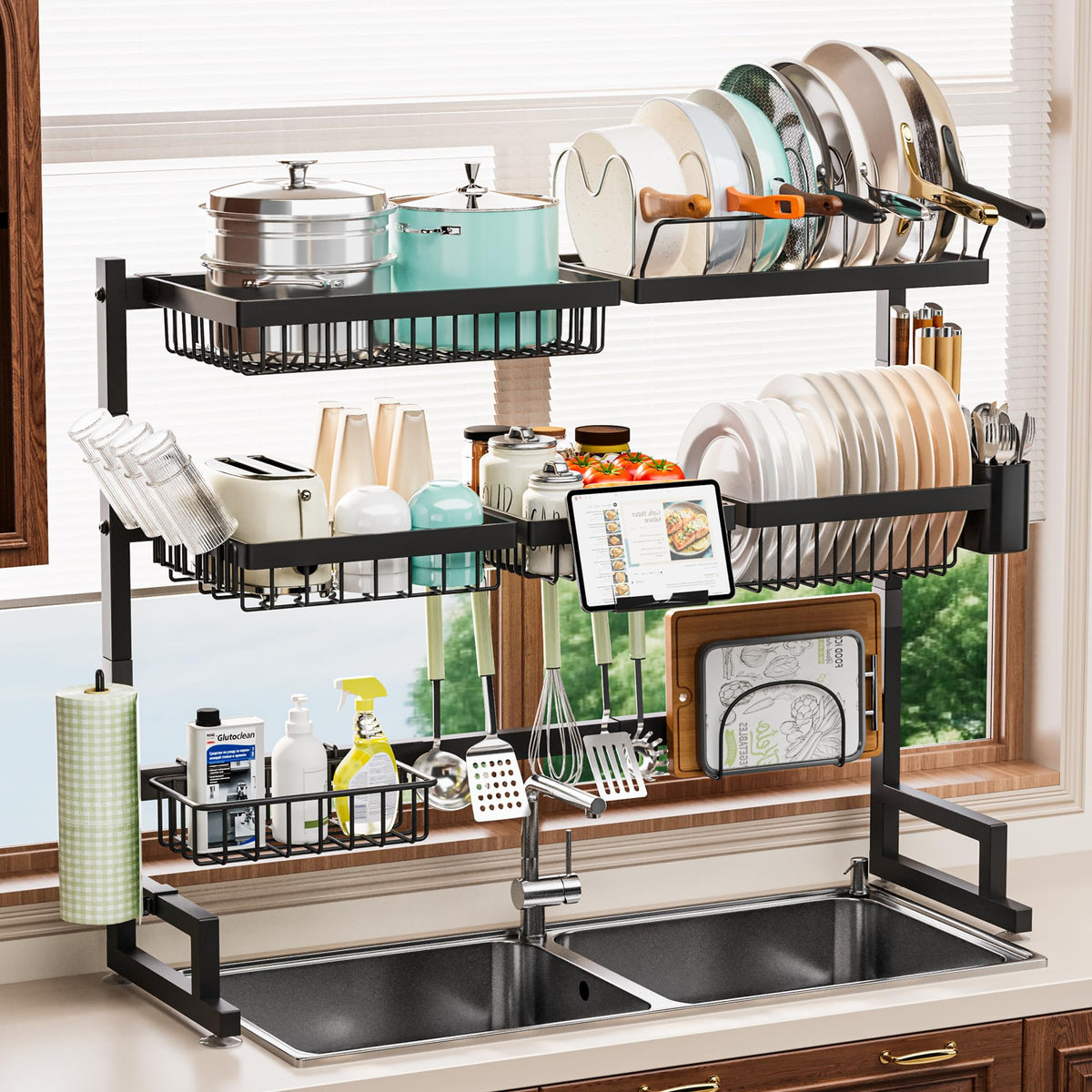 ADBIU Over The Sink Dish Drying Rack (Expandable Height and Length) Snap-On Design 2 Tier Large Dish Rack