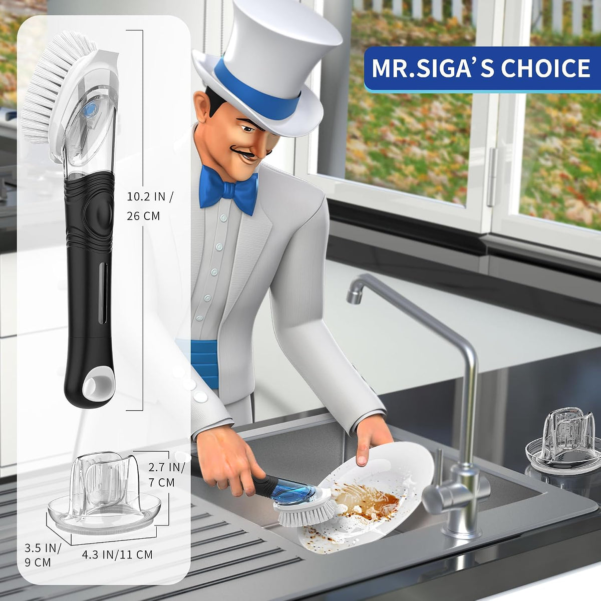 MR.SIGA Soap Dispensing Dish Brush Storage Set, Kitchen Brush with Holder